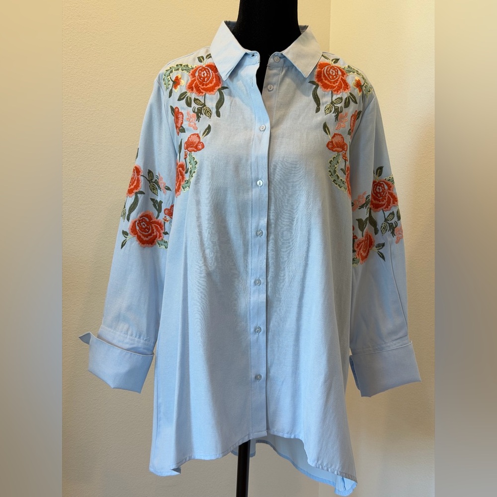 Hannah Light Blue Shirt with Floral Embroidery